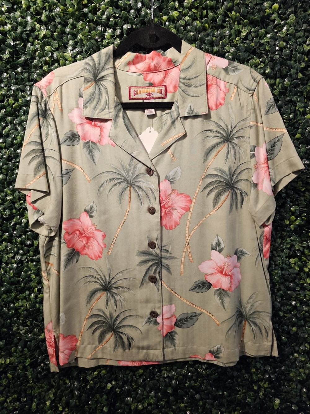 Caribbean Joe Sage Green Button-Up Shirt with Pink Floral Print